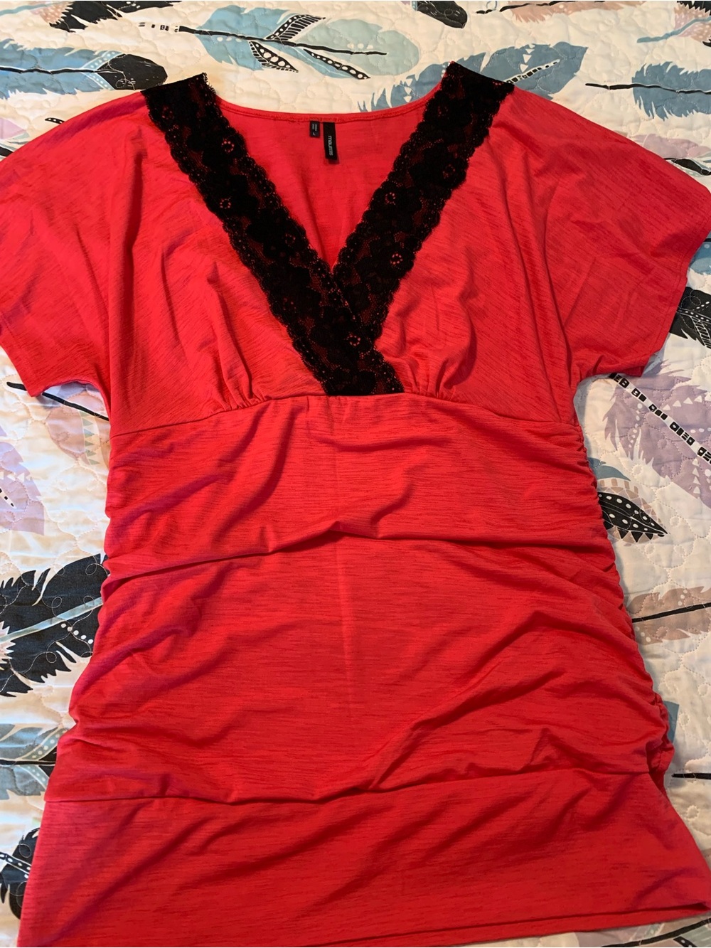 Maurices Red Short Sleeve Top with Black Lace V-Neck